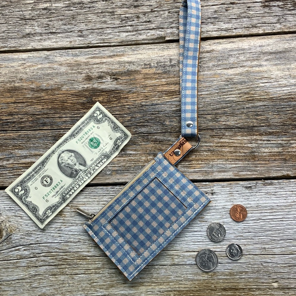 Women’s cork fabric card wallet || wristlet wallet || blue gingham cork